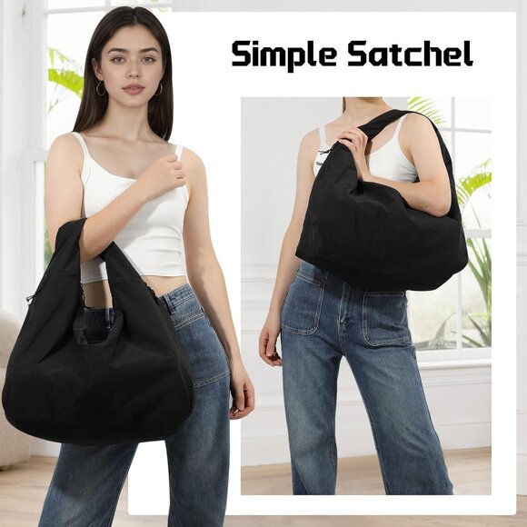Versatile Large Black Tote Bag - Slouchy Nylon Handbag with Zipper Closure - Picture 6 of 6